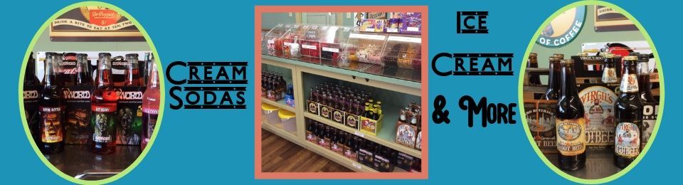 Blue ad collage for “Ice Cream & More” with ice cream shop shelves and colorful desserts