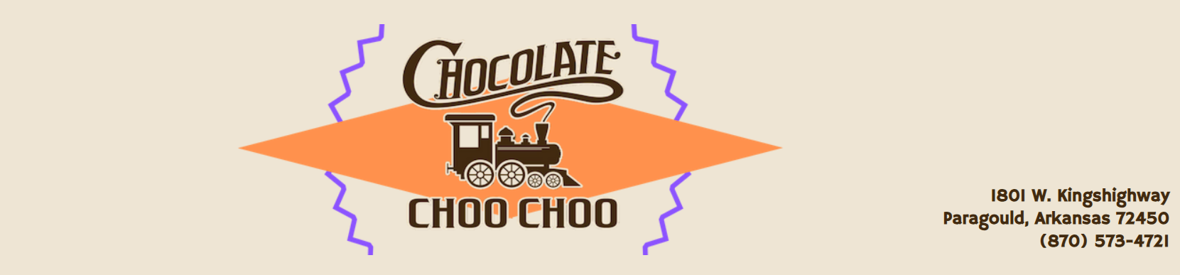 Chocolate logo with orange starburst and “CHOO CHOO” on beige background