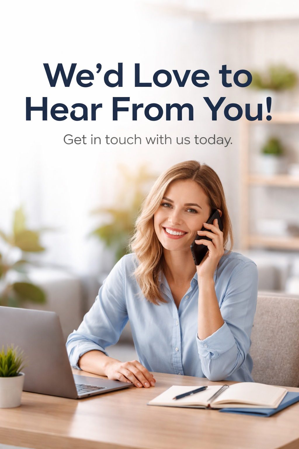 A lady in a blue shirt talking on the phone, sitting at a desk  containing a laptop, notebook and a pen and a small gree plant