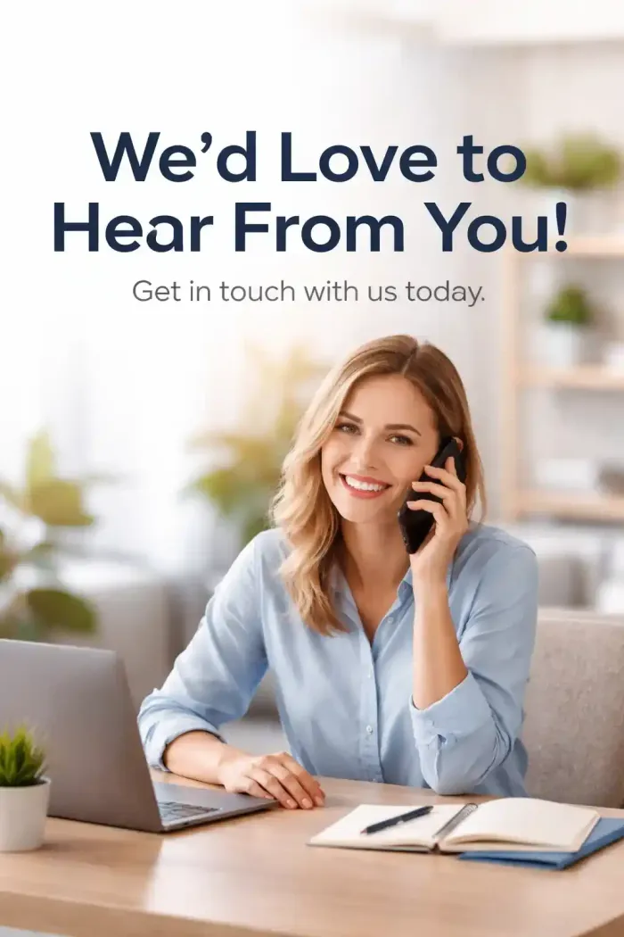 A lady in a blue shirt talking on the phone, sitting at a desk  containing a laptop, notebook and a pen and a small gree plant