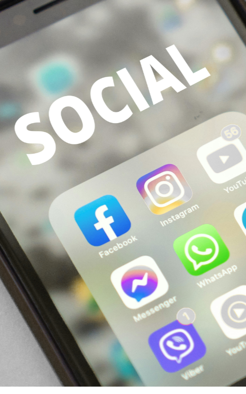 A cell phone with the word SOCIAL at the top showing different social media apps such as Facebook, Instagram, Youtube, Messenger, WhatsApp, Telegram, Viber and Youtube Music