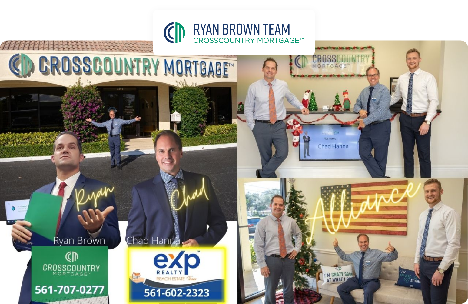 A group of men are standing in front of a cross country mortgage building.