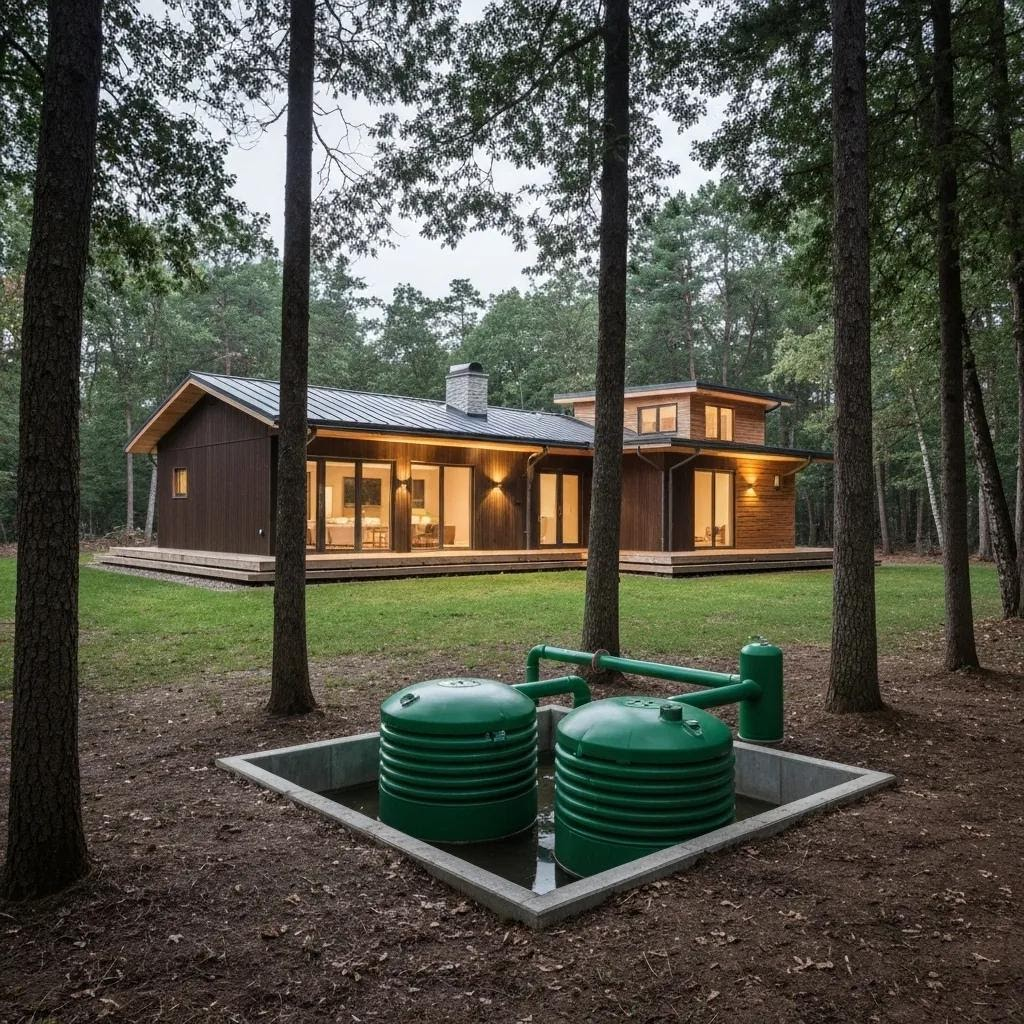 A dark brown house in a forest with green septic tanks in the foreground.