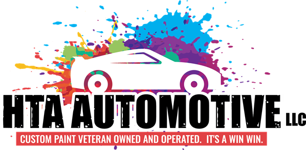 Logo for HTA Automotive, a custom paint shop. Features a car silhouette against colorful paint splatters with company name and slogan.