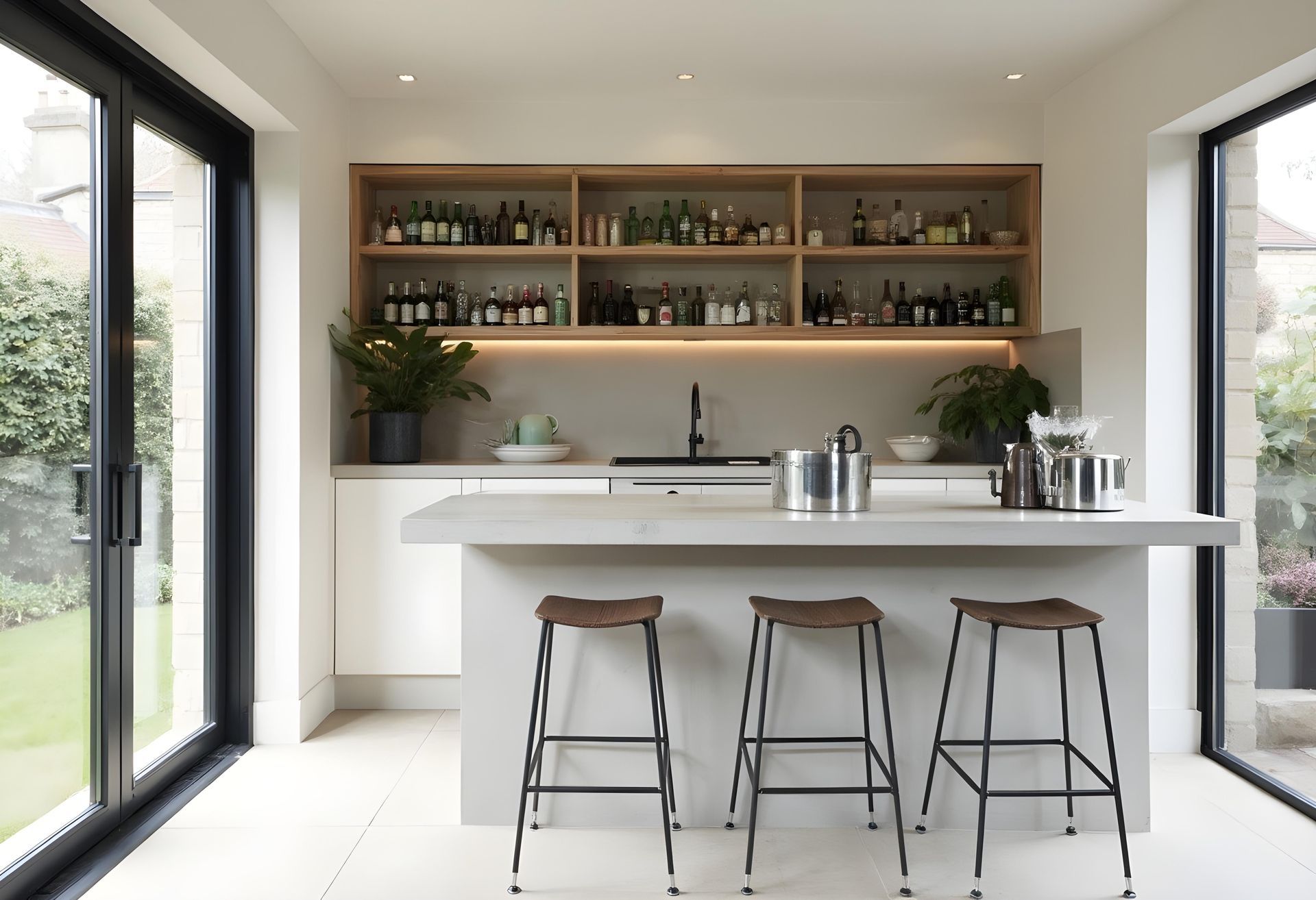modern garden room with kitchen and garden gin bar