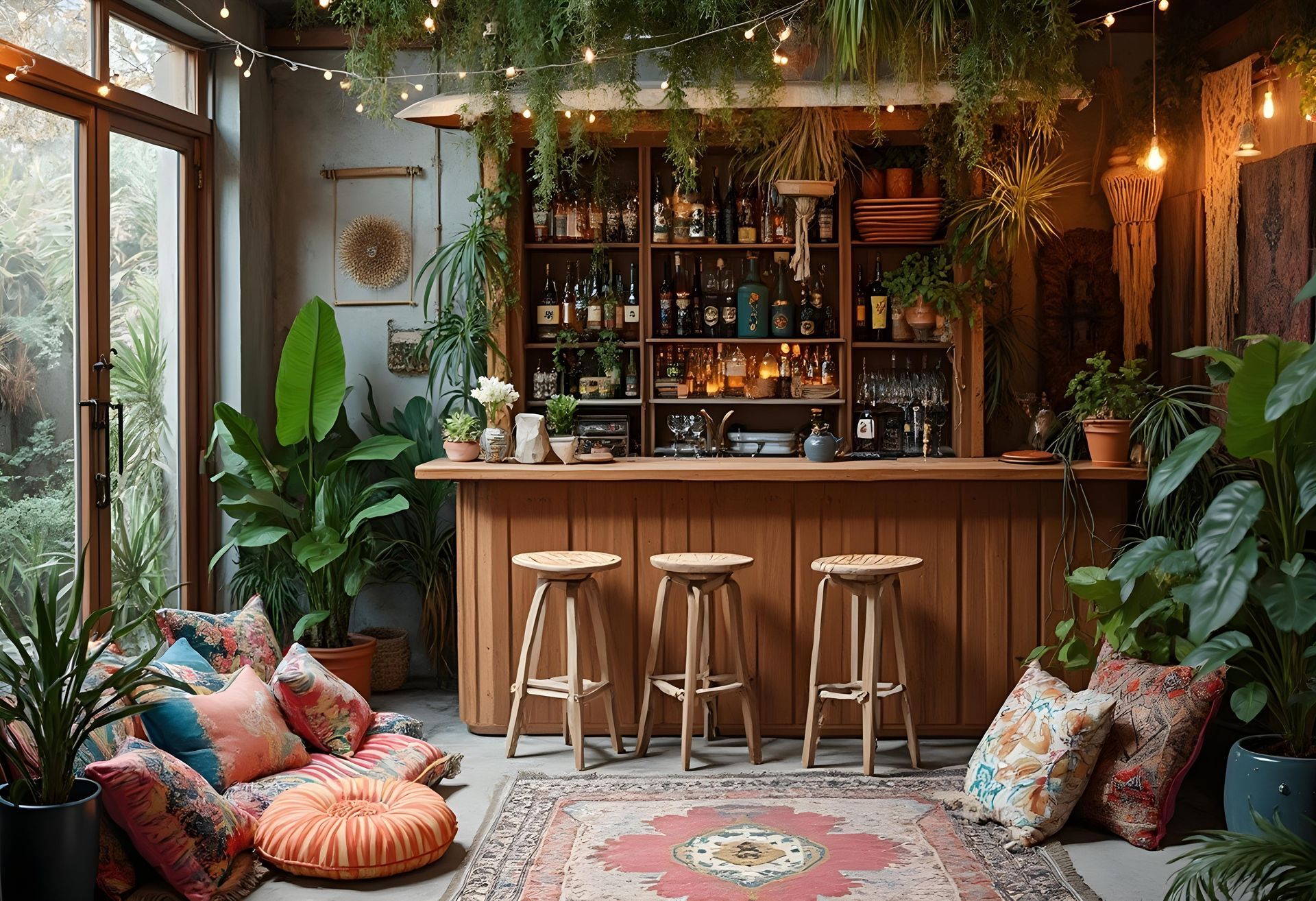 eclectic design room in a garden with a bar
