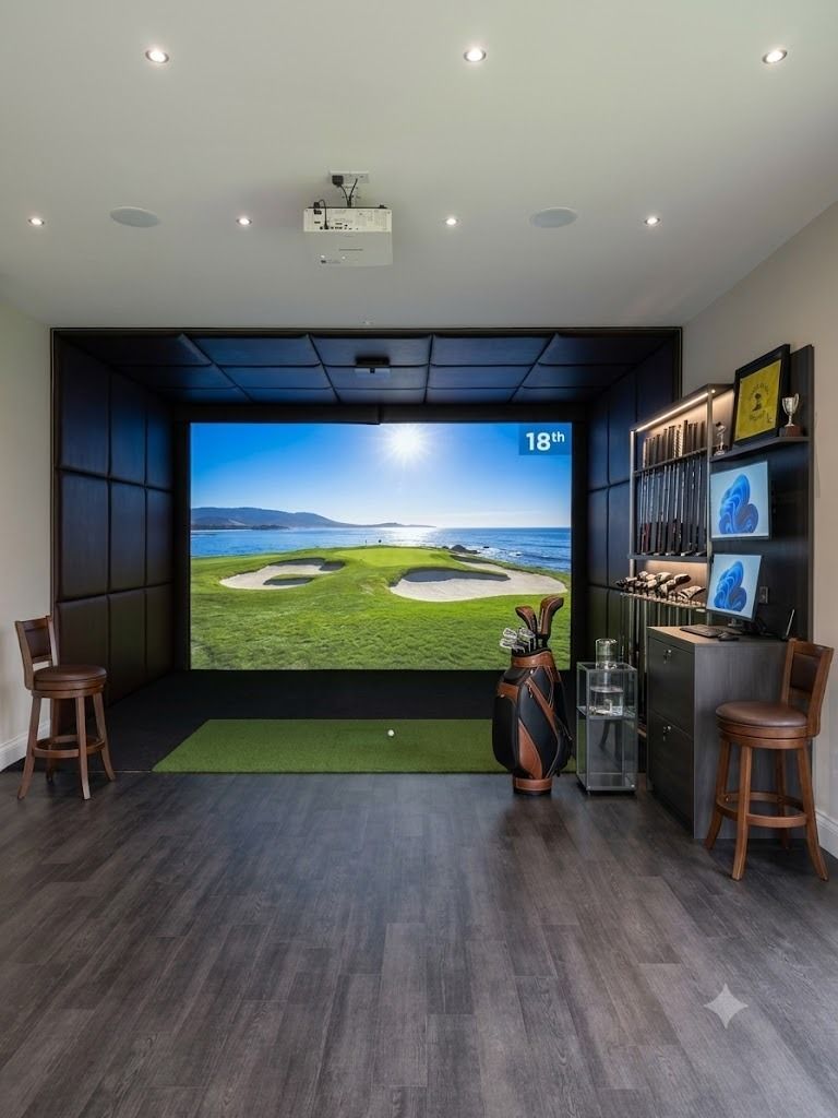 Oakspan golf simulator garden room designed around swing clearance simulator technology and year round comfort