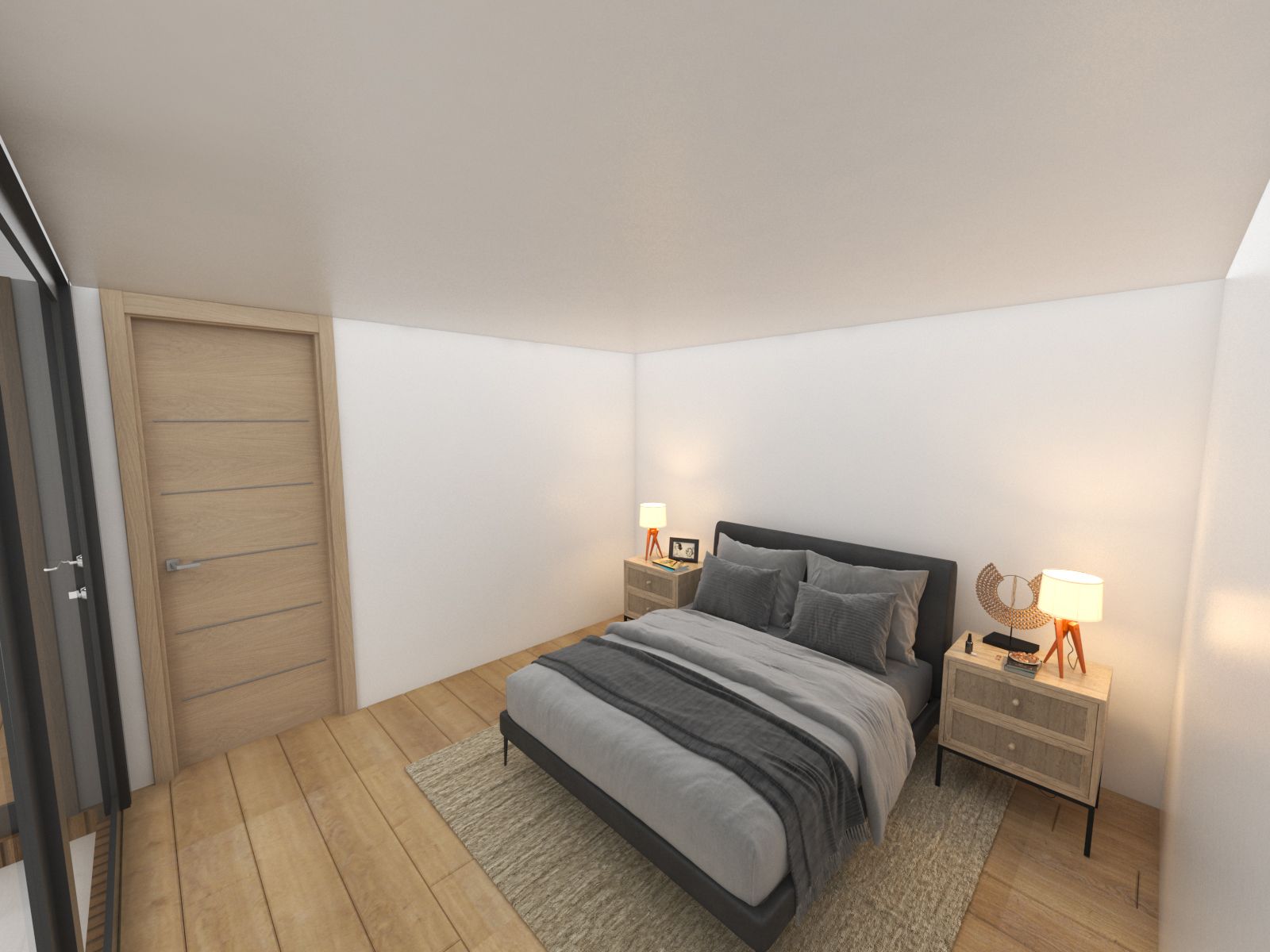 a bedroom with a large bed and two nightstands as part of a corner garden room plan