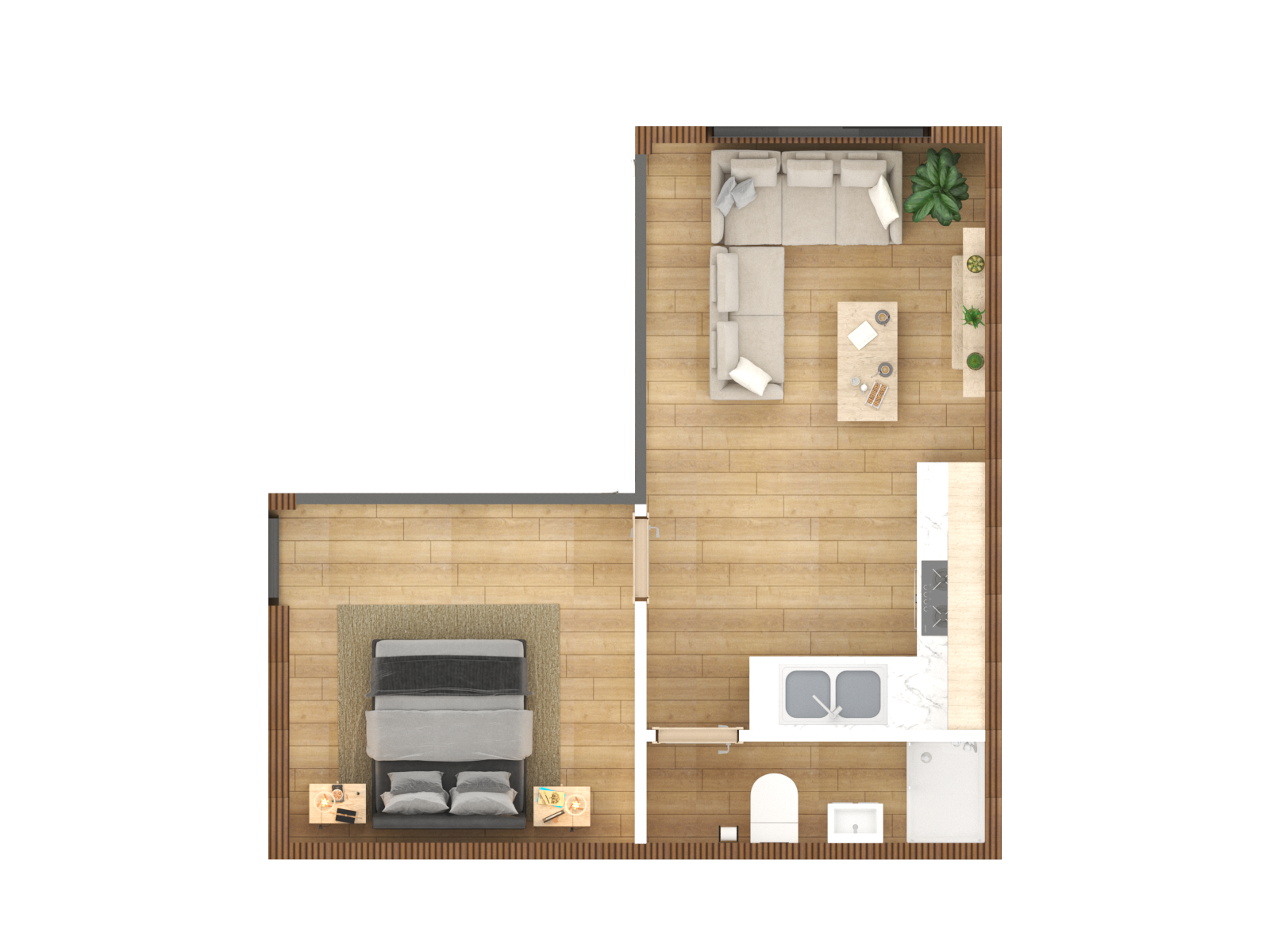 an l shaped garden room floor plan shows a bedroom a living room and a bathroom