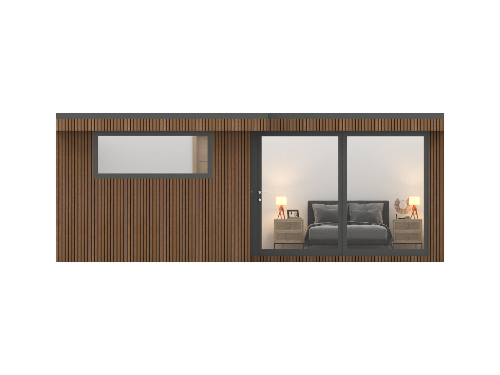 front elevation of the willowbrook corner garden room with a bedroom with a bed and sliding glass doors