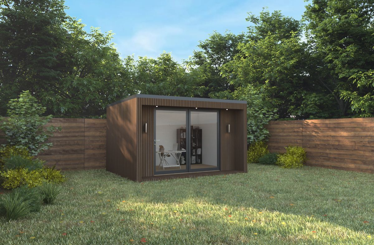 a small garden room buildings sitting in the middle of a lush green field .