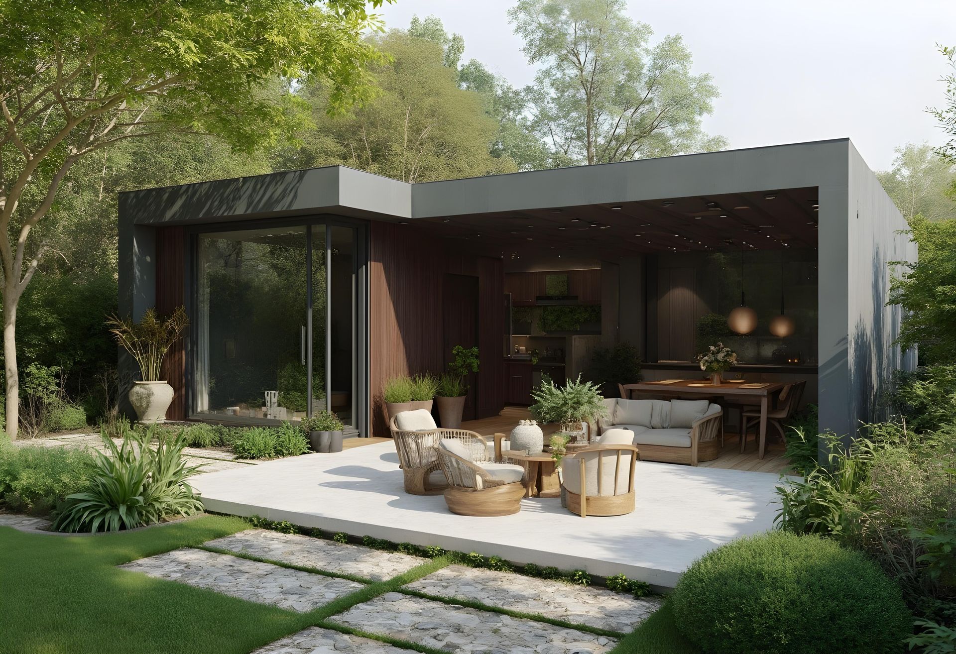 Garden room created in an l shape at bottom of garden
