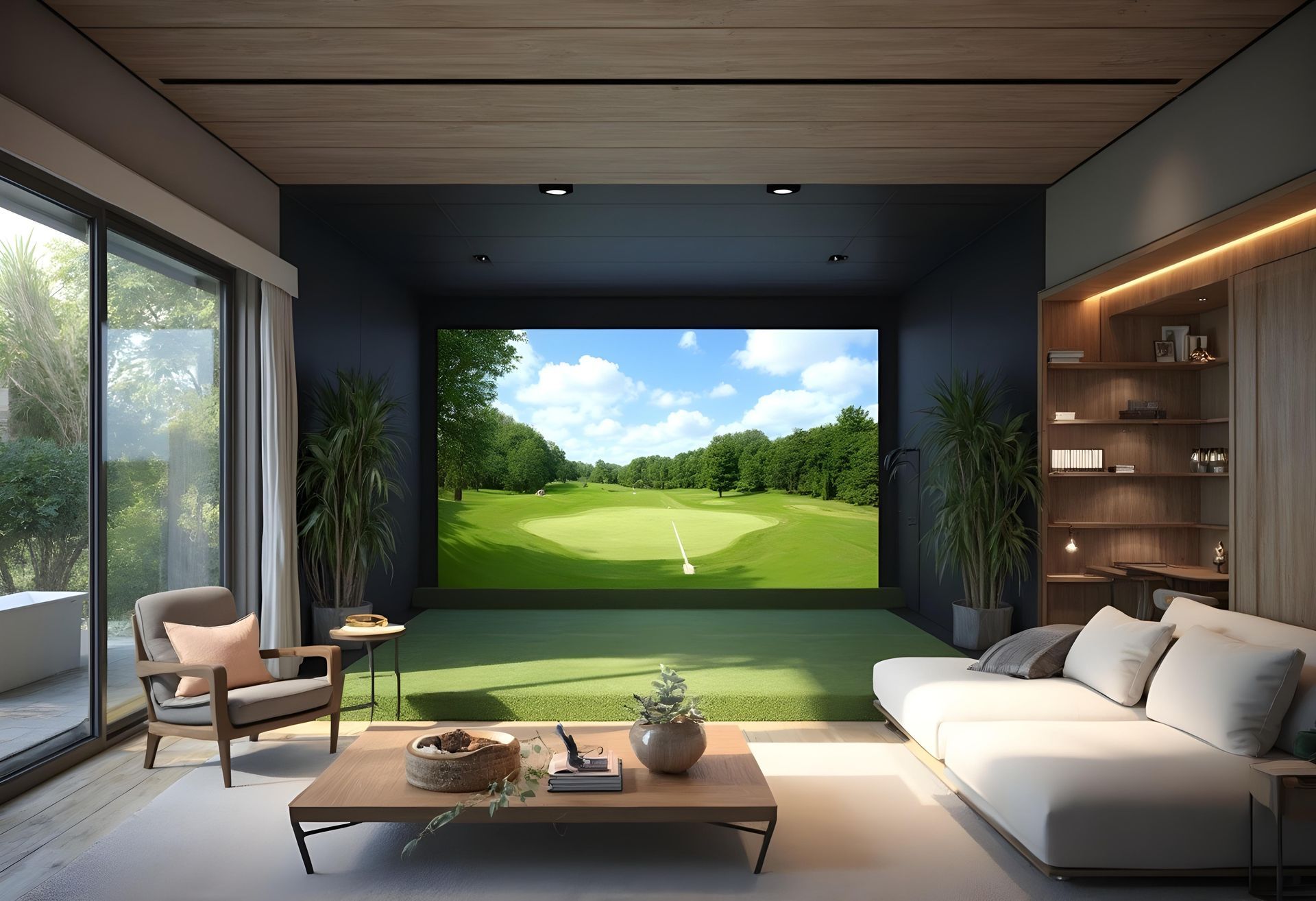golf simulator in a modern garden room