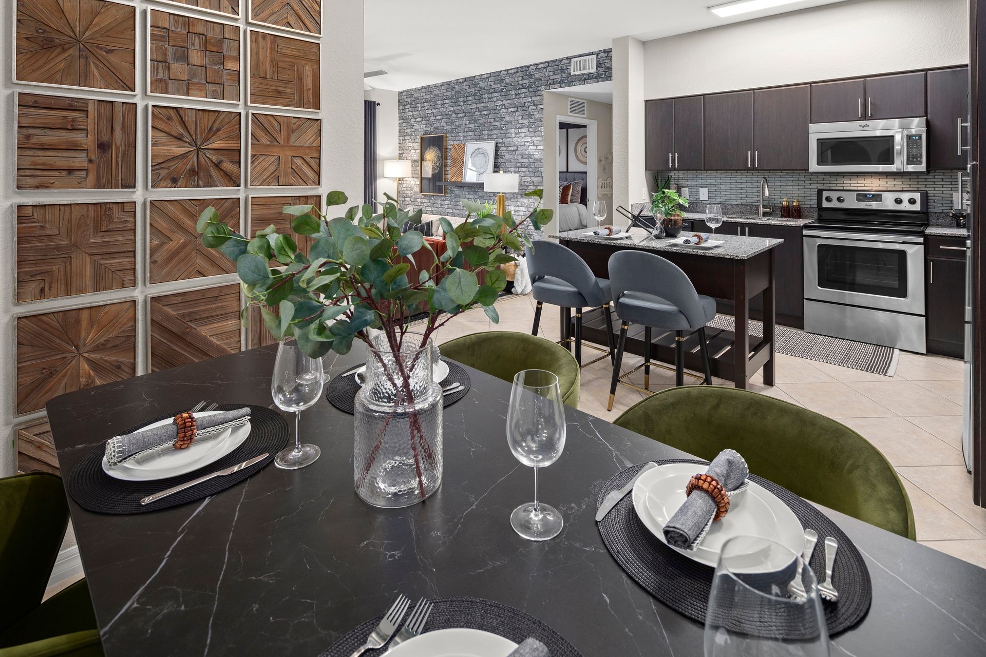 Dining room with luxury interior design at Mosaic at Miramar Town Center.