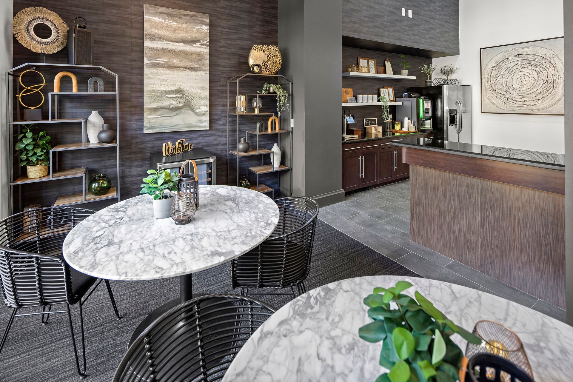 Community kitchen and dining area at Mosaic at Miramar Town Center.