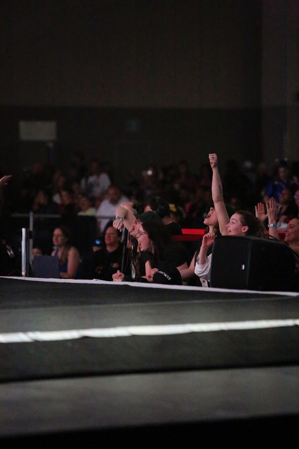 Audience cheering at a live event, arms raised. Dark setting, mostly obscured faces.