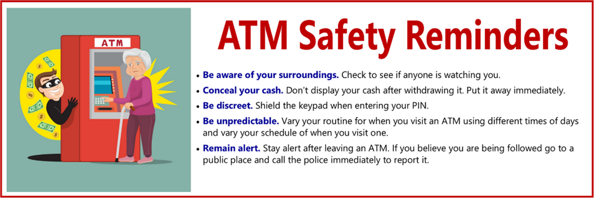 A thief is about to rob an old woman at an ATM.