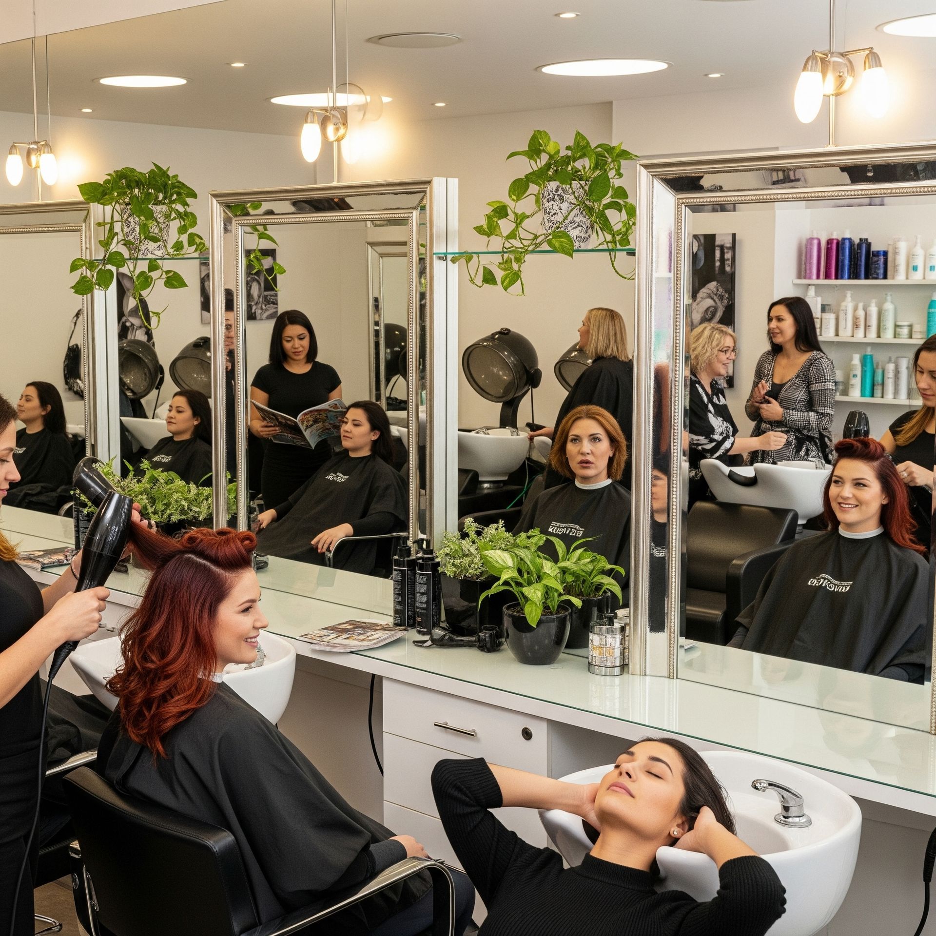 A group of women are getting their hair washed in a salon