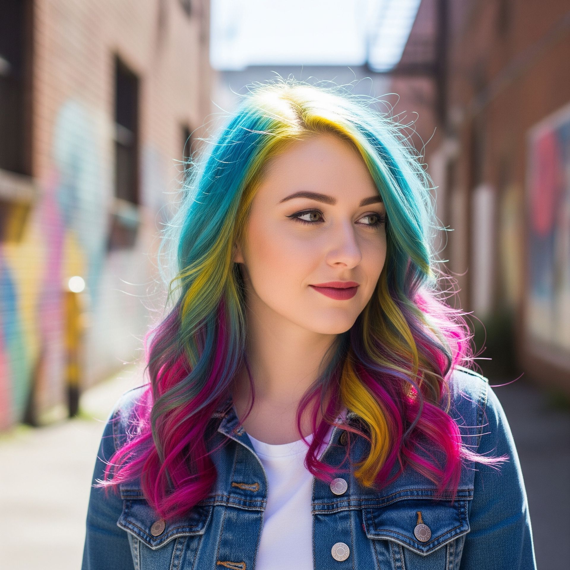A woman with colorful hair is wearing a denim jacket