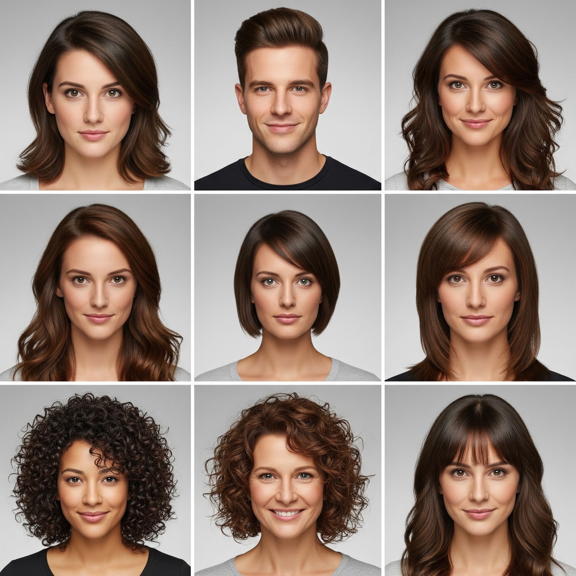 A collage of portraits of men and women with different hairstyles