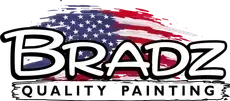 Logo for Brazd Quality Painting, with the name in white outlined in black over a US flag background.