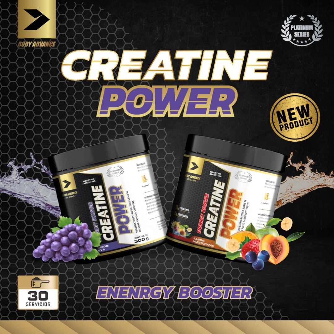 Anuncio del suplemento Creatine Power con dos envases, frutas y salpicaduras de agua.