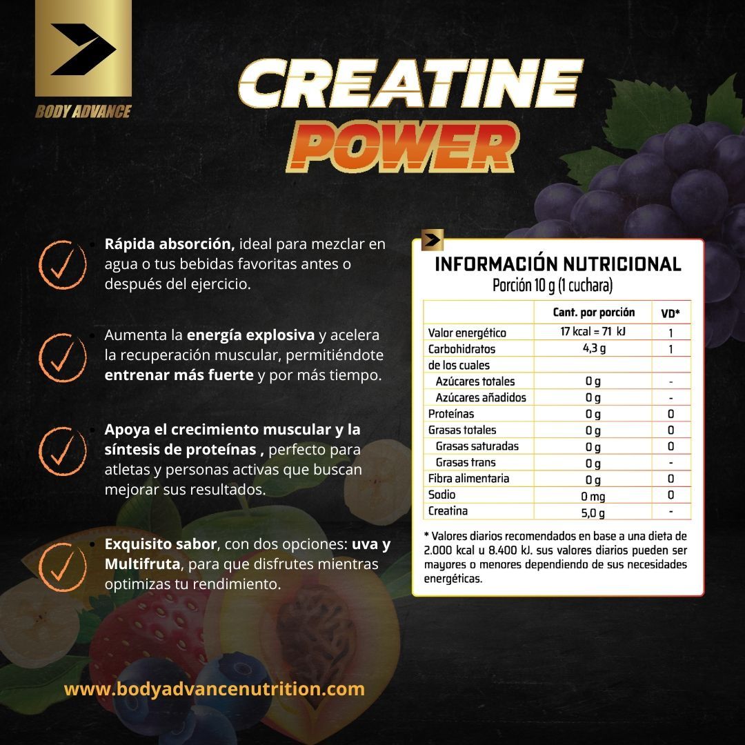 Anuncio del suplemento Creatine Power con dos envases, frutas y salpicaduras de agua.