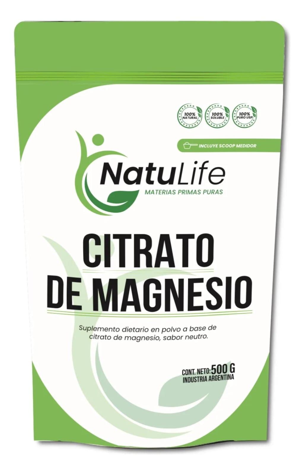 Bolsa de citrato de magnesio en polvo NatuLife. Envase blanco y verde, texto en español.