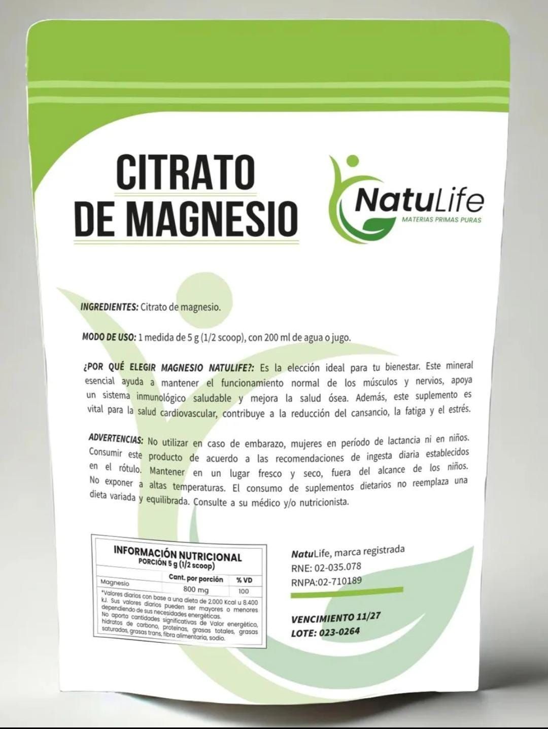 Bolsa de citrato de magnesio en polvo NatuLife. Envase blanco y verde, texto en español.
