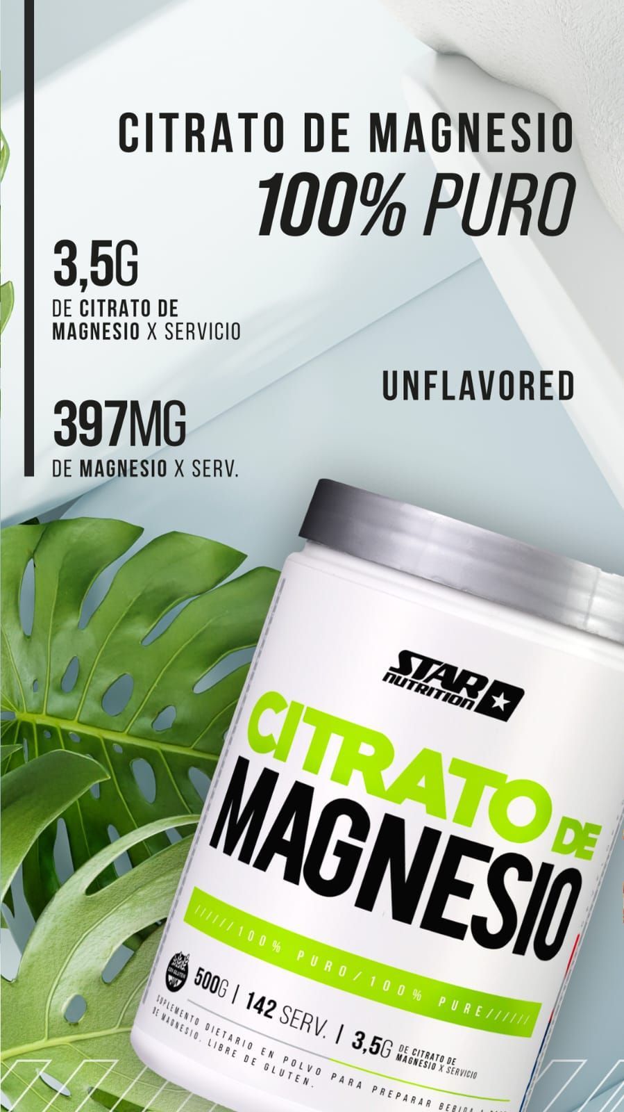 Tarro blanco de suplemento Citrato de Magnesio de Star Nutrition, letras verdes y negras.