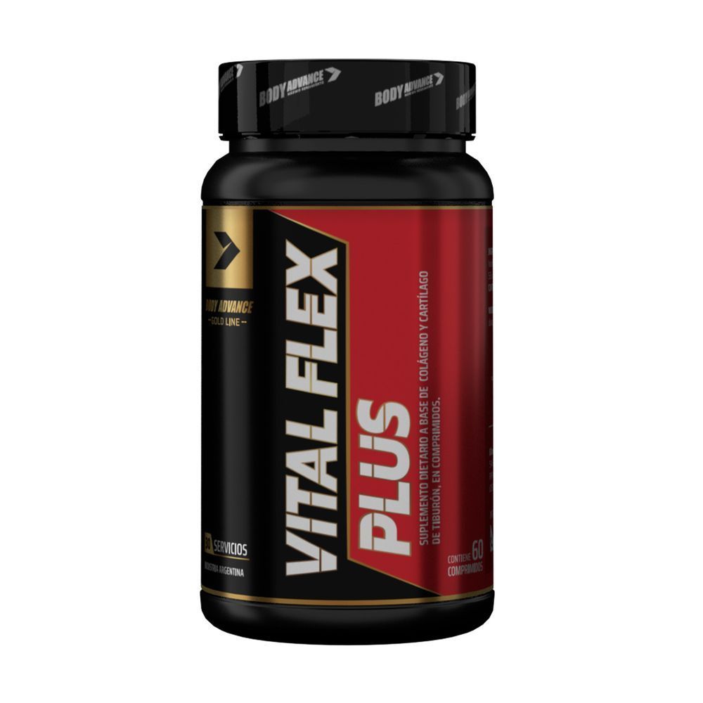 Botella negra de Vital Flex Plus, suplemento para el cuidado articular. Etiqueta dorada y roja.