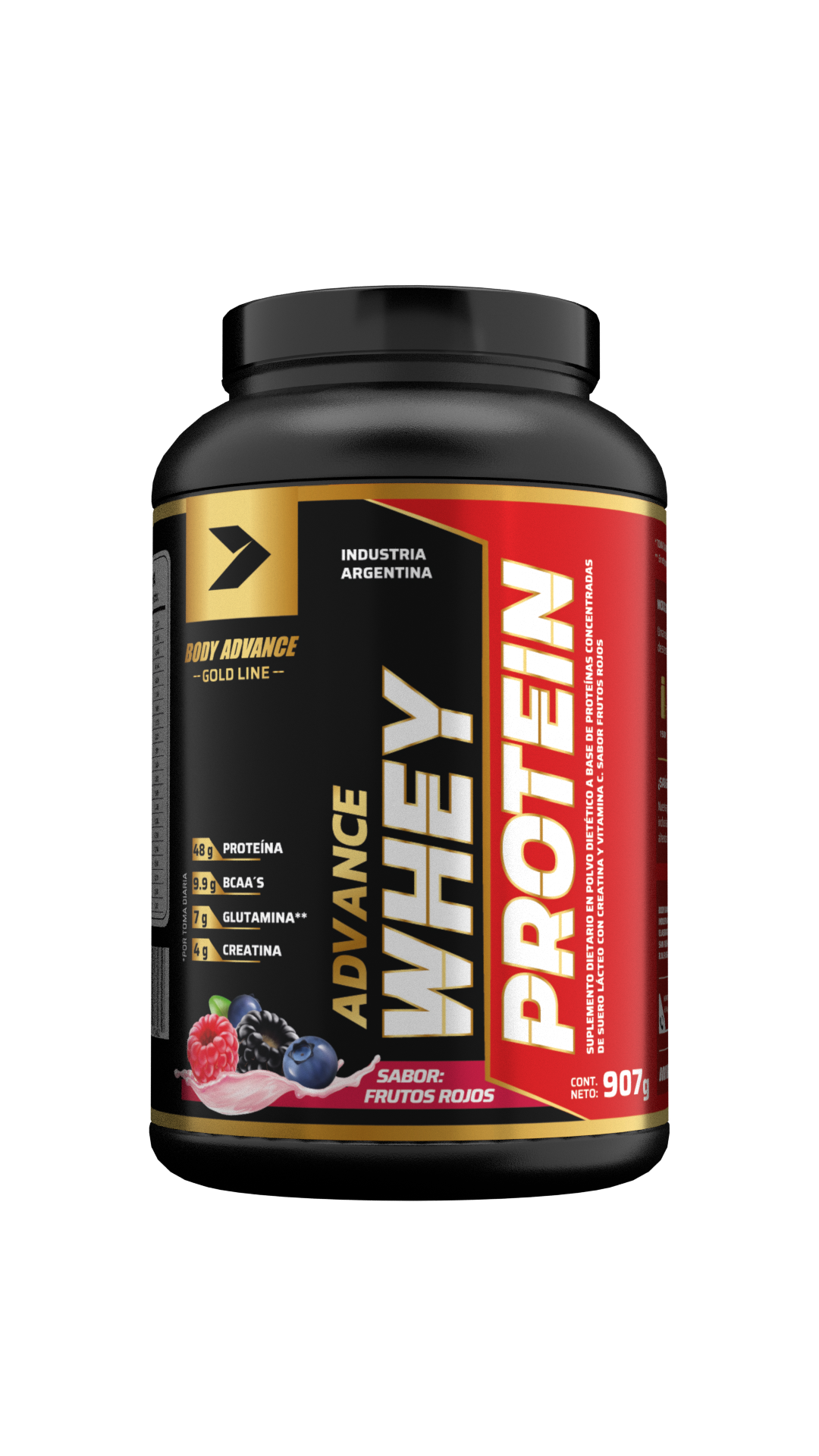 Tarrina negra de Advance Whey Protein con etiquetas doradas y rojas; sabor caramelo.
