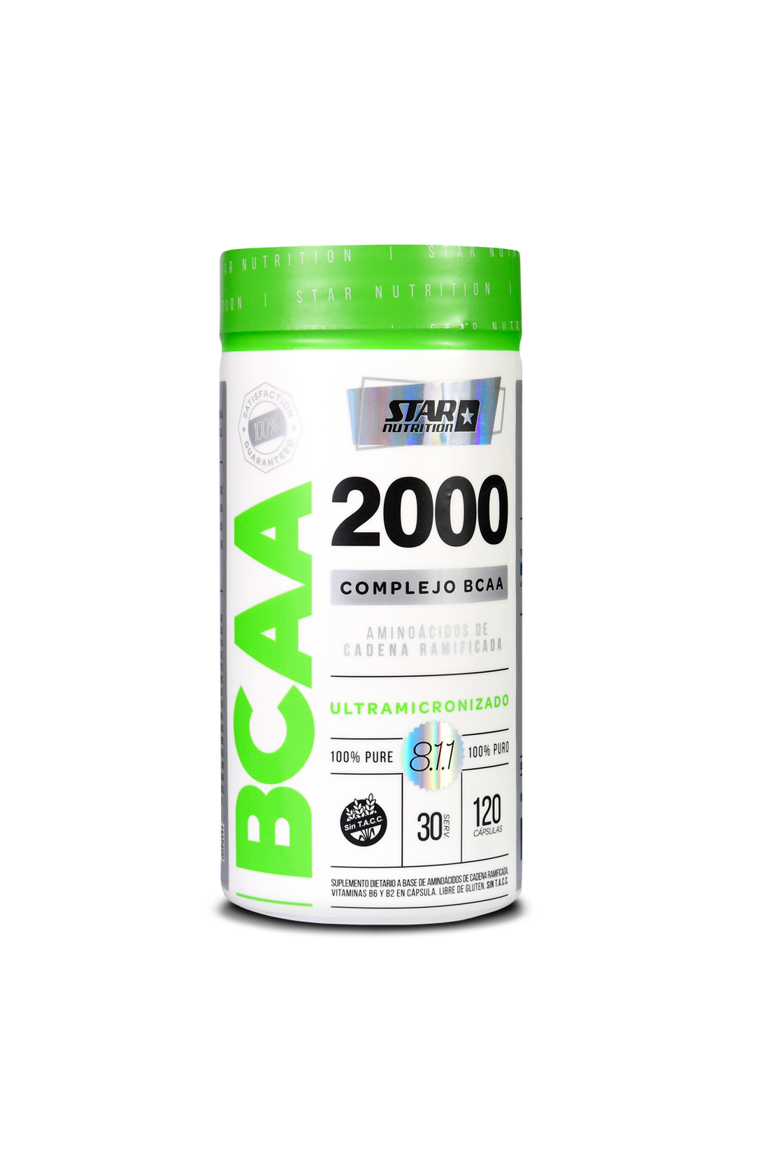 Botella de suplemento BCAA 2000, etiqueta blanca y verde. Contiene cápsulas.
