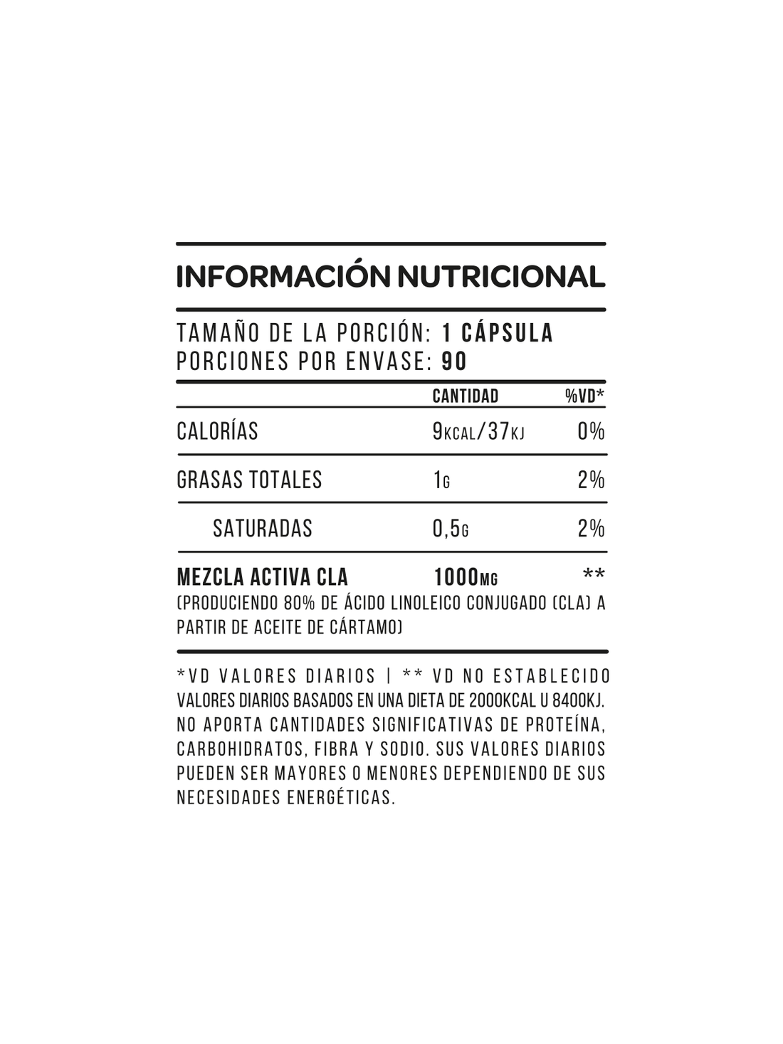 Botella blanca de cápsulas de suplemento CLA 1000 con tapa blanca y texto verde.