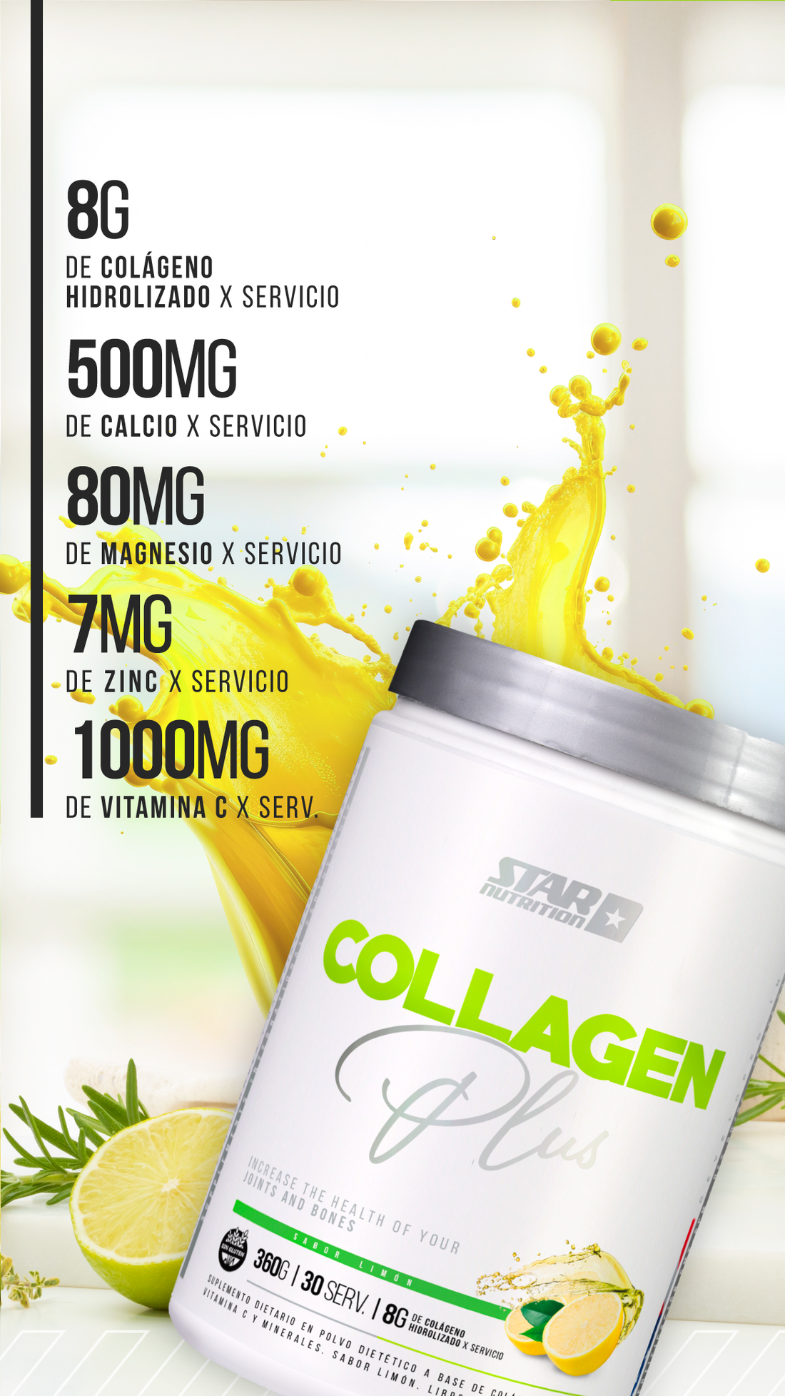 Tarrina blanca de suplemento Collagen Plus de Star Nutrition con gráficos de lima y limón.