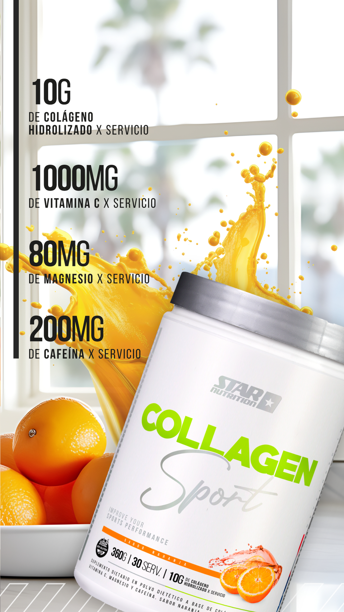 Un recipiente blanco de polvo Collagen Sport de Star Nutrition con rodajas de naranja, tapa plateada y texto verde y naranja.