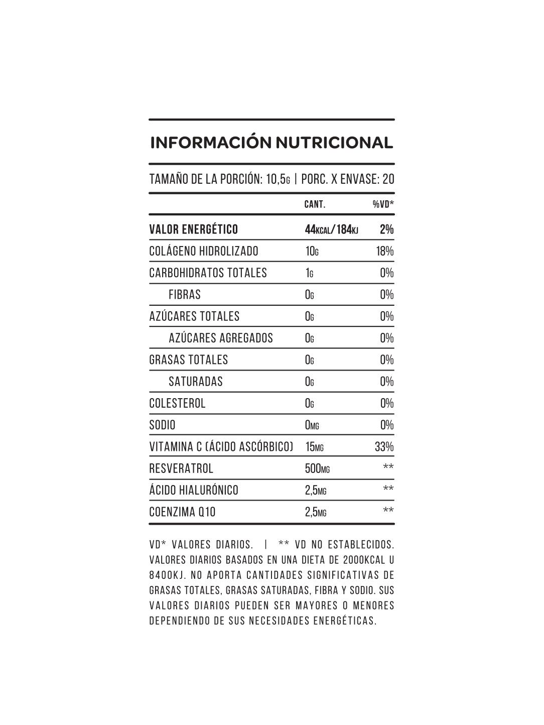 Envase de colágeno en polvo blanco con etiquetas verdes y plateadas. 