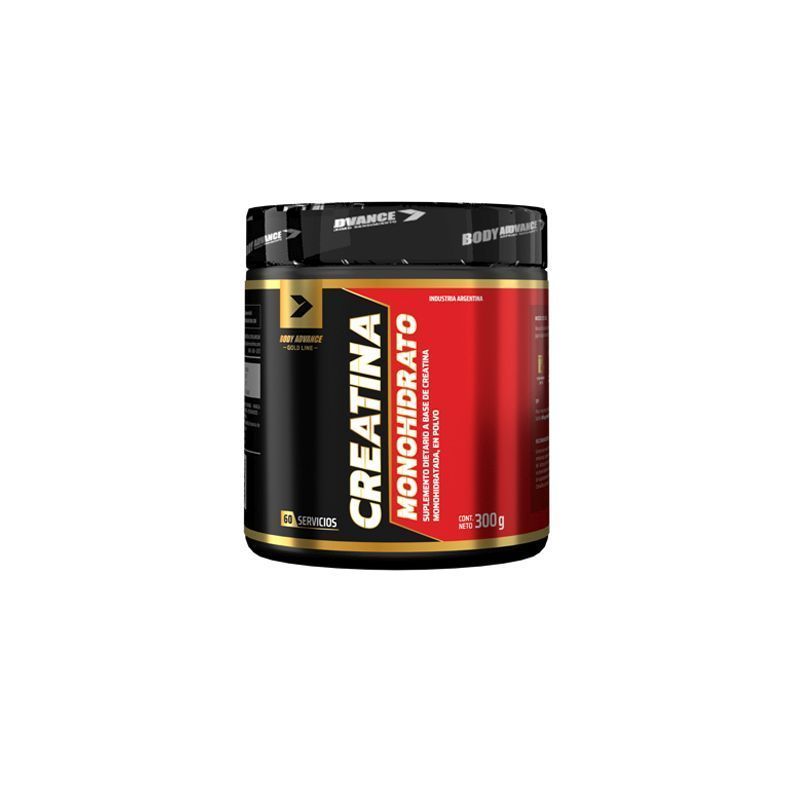 Envase de monohidrato de creatina negro y dorado con etiqueta roja; suplemento nutricional, 300g.
