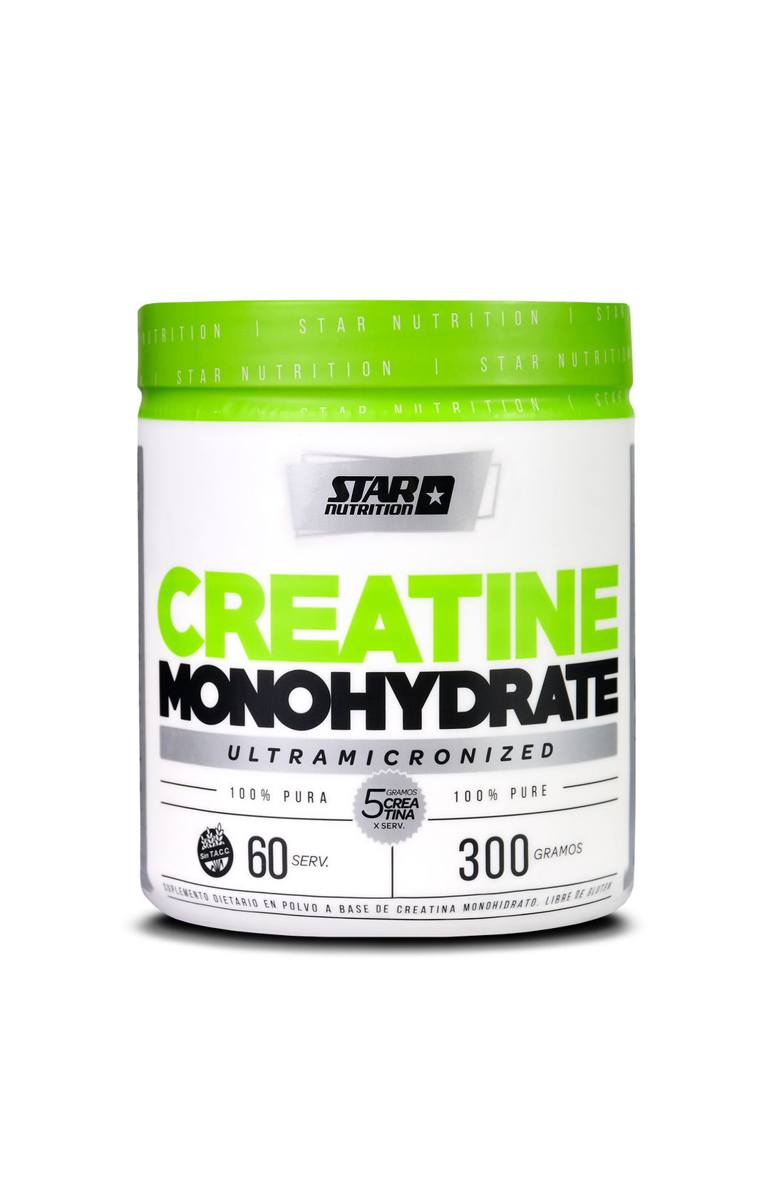 Envase blanco de suplemento de monohidrato de creatina de Star Nutrition con texto verde y negro.