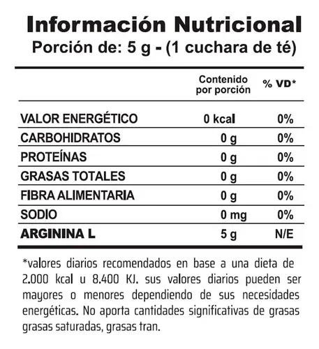 Envase de suplemento de L-Arginina con texto describiendo sus beneficios, usos y contenido (200 gramos).