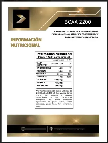 Botella negra de BCAA 2200 con beneficios: recuperación, resistencia y congestión muscular ilustrados en dorado.