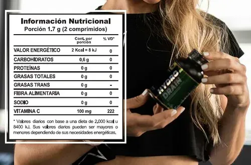 Botella de suplemento “Hydro Drain”, con descripción de ingredientes y beneficios.