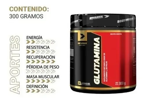 Envase de suplemento de glutamina con beneficios enumerados: energía, resistencia, recuperación, pérdida de peso, masa muscular, definición.