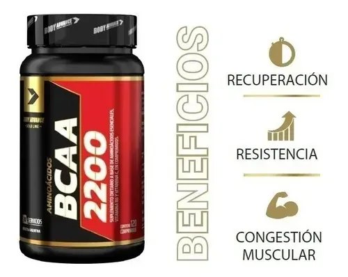 Botella negra de BCAA 2200 con beneficios: recuperación, resistencia y congestión muscular ilustrados en dorado.