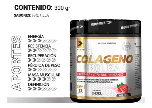 Envase de “COLAGENO HIDROLIZADO” suplemento dietario con sabor a frutas, promoviendo la energía, recuperación y pérdida de peso.