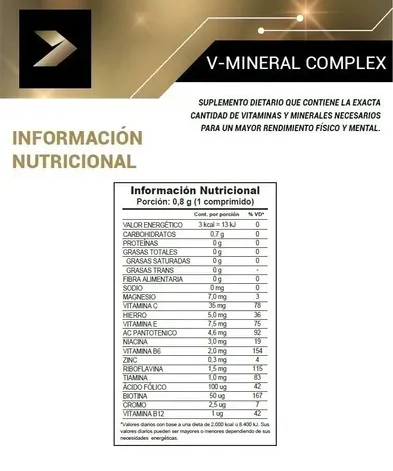 Botella negra de vitaminas V-Mineral Complex con texto sobre energía, resistencia y masa muscular.