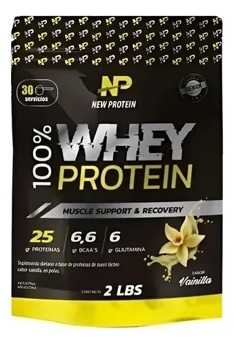 Bolsa de New Protein 100% Whey Protein en polvo, sabor vainilla. Negro, amarillo, blanco. Muestra la información nutricional.
