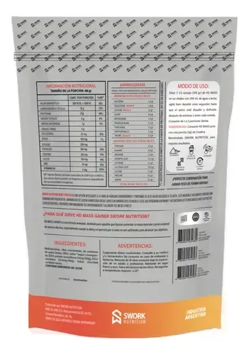 Bolsa de proteína en polvo SWORK HD Mass Gainer. Contiene: 1,5 kg, 380 kcal, 22 g de proteína y sabor vainilla.
