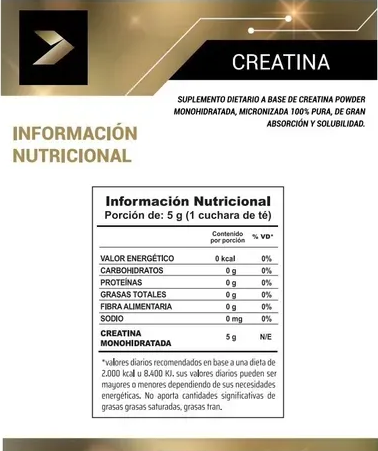 Envase de suplemento de monohidrato de creatina, color negro y rojo con detalles dorados, tamaño 300 g.