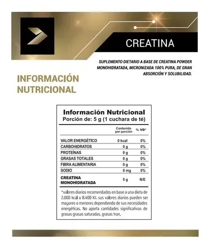 Envase de monohidrato de creatina negro y dorado con etiqueta roja; suplemento nutricional, 300g.